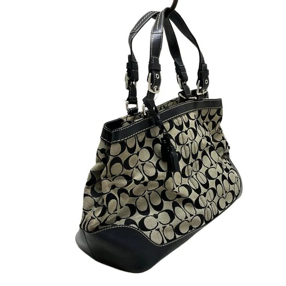 Auth COACH Signature Carryall Tote 7052 Cream Black Jacquard Leather - Tote Bag - Picture 4 of 12